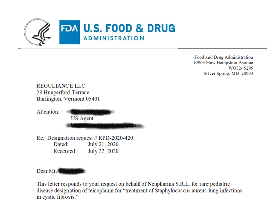 The Food and Drug Administration granted Teicoplanin the PEDIATRIC Orphan Drug Designation